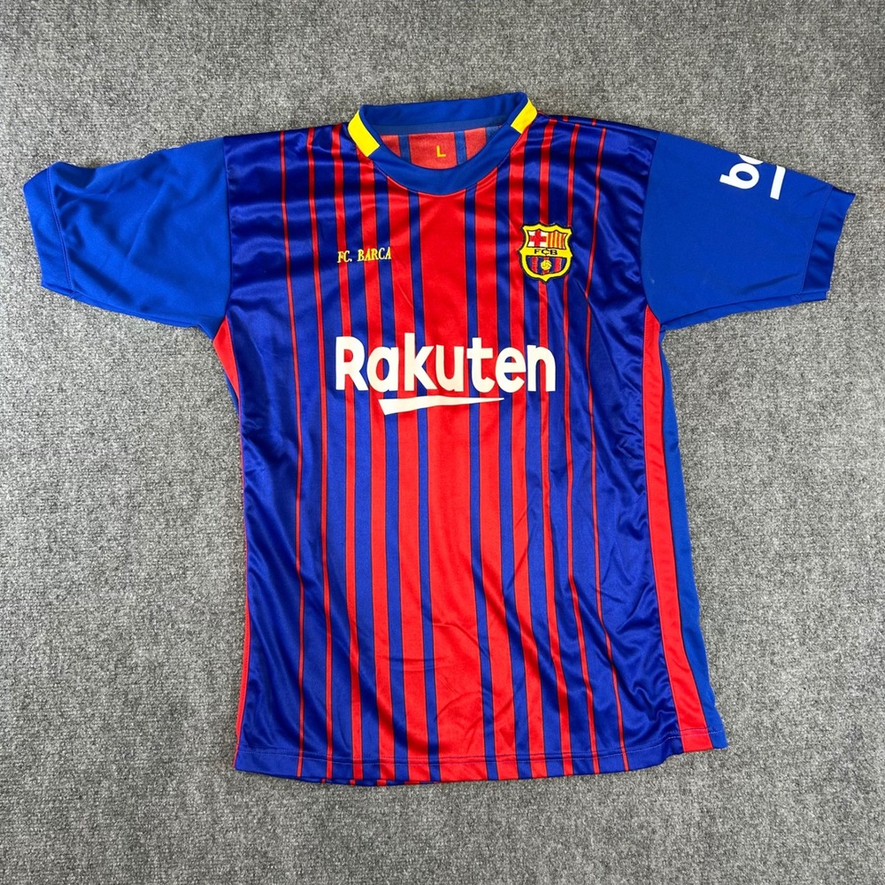 FC Barcelona Messi 10 Jersey Blue Red Striped Rakuten Soccer Shirt Mens Large